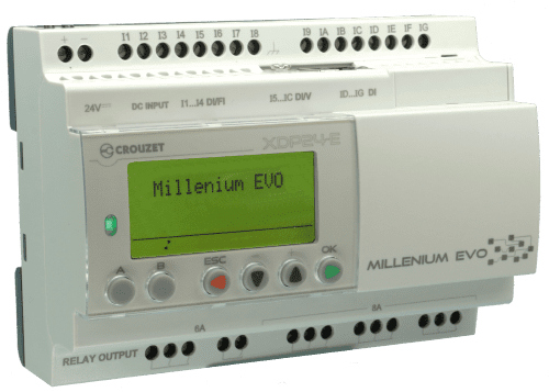 Milleniumevo Ethernet Smart Relay, Display, 24 Vdc, 16 Digital Inputs (8 Analog-4 High Speed), 8 Relays Digital Outputs, Datalog, Event, Ftp, Free Soft, Mem. 1024 Blocs, Specific Fbd, 32 Bits Mangement, Modbus Rs485, Bluetooth/Virtual Display Opt.