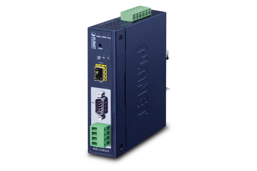 ICS-2105AT â€“ Industrial 1-port RS232/422/485 Serial Device Server with 1-Port 100BASE-FX SFP