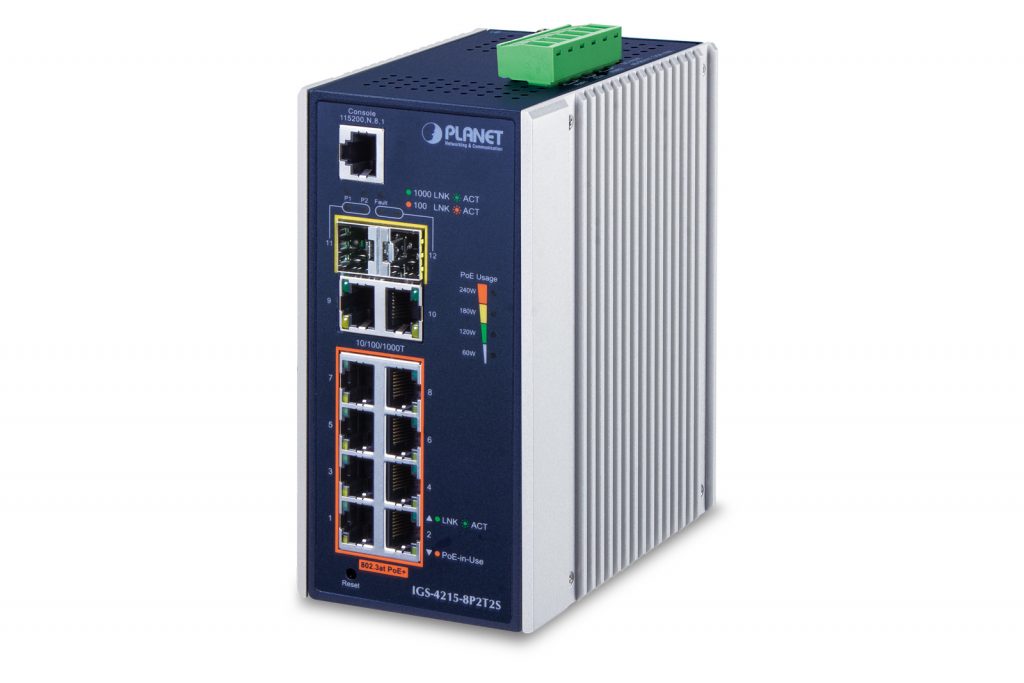 IGS-4215-8P2T2S â€“ Industrial 8-Port 10/100/1000T 802.3at PoE + 2-Port 10/100/1000T + 2-Port 100/1000X SFP Managed Switch