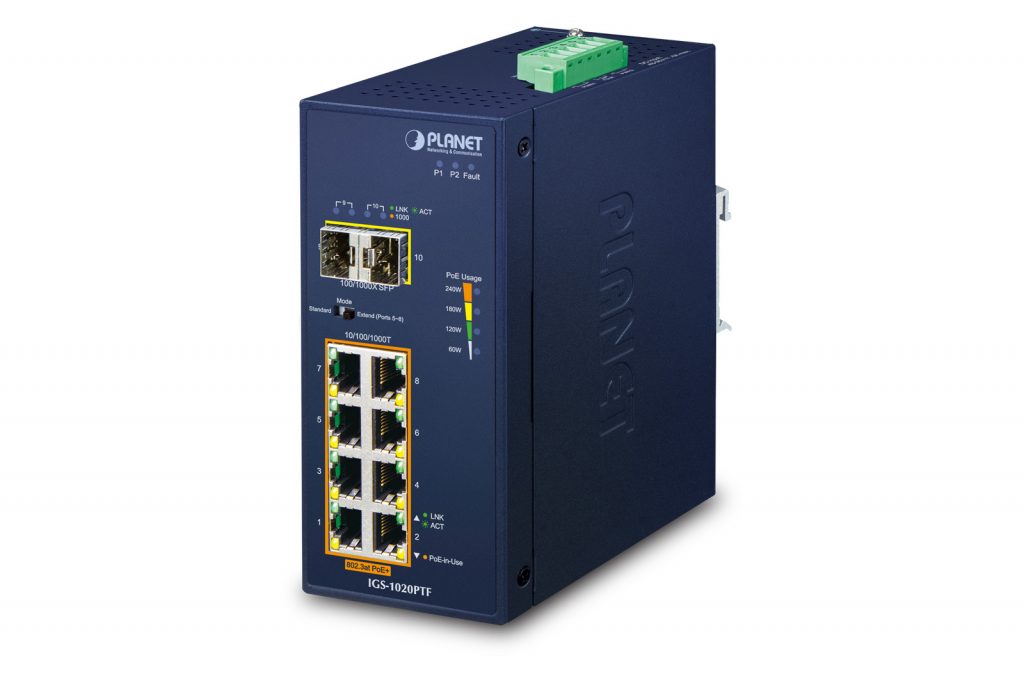 IGS-1020PTF â€“ Industrial 8-Port 10/100/1000T 802.3at PoE + 2-Port 100/1000X SFP Ethernet Switch (-40~75 degrees C)