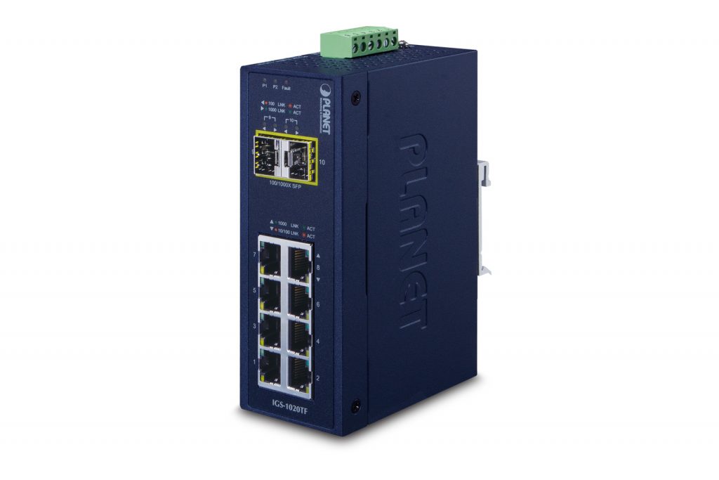 IGS-1020TF â€“ Industrial 8-Port 10/100/1000T + 2 1000X SFP Ethernet Switch (-40~75 degrees C)