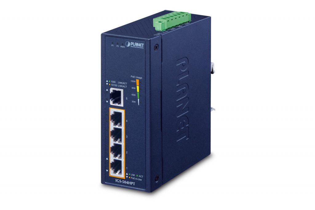 IGS-504HPT â€“ Industrial 4-Port 10/100/1000T 802.3at PoE + 1-Port 10/100/1000T Gigabit Ethernet Switch