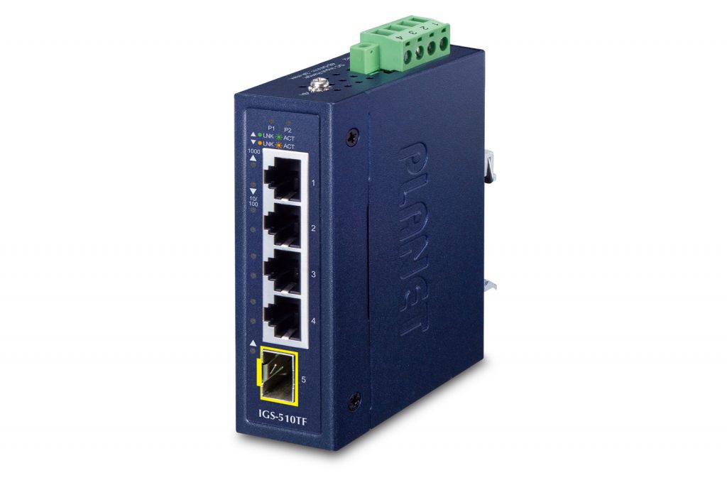 IGS-510TF â€“ Industrial Compact 4-Port 10/100/1000T + 1-Port 100/1000X SFP Gigabit Ethernet Switch
