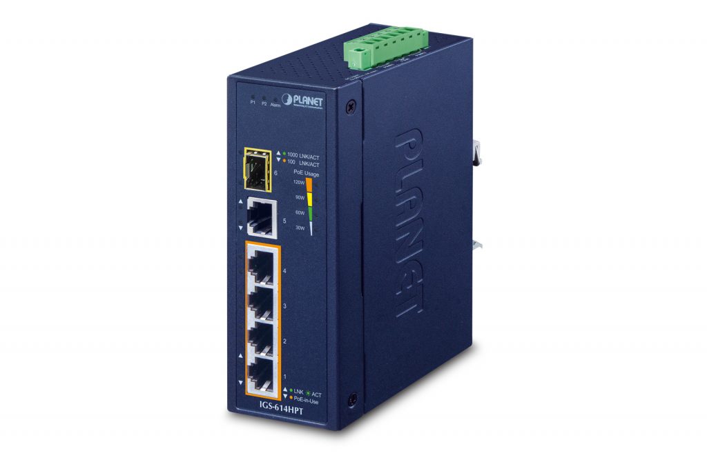 IGS-614HPT â€“ Industrial 4-Port 10/100/1000T 802.3at PoE + 1-Port 10/100/1000T + 1-Port 100/1000X SFP Gigabit Ethernet Switch