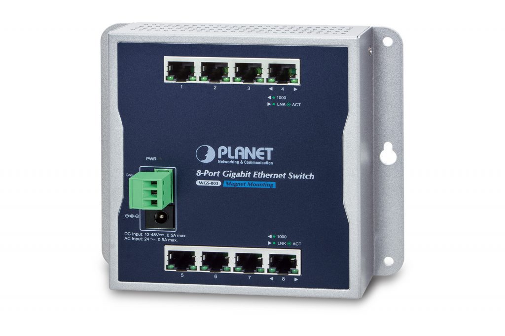WGS-803 â€“ Industrial 8-Port 10/100/1000T Wall-mount Switch (-10~60 degrees C)